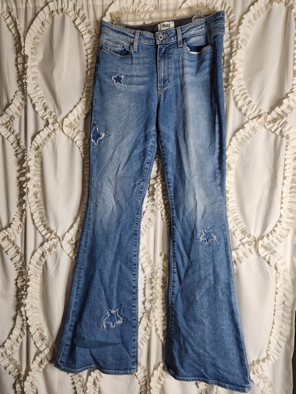Paige High Rise Bell Canyon Flare Jeans Distressed Star Pattern Sz 31